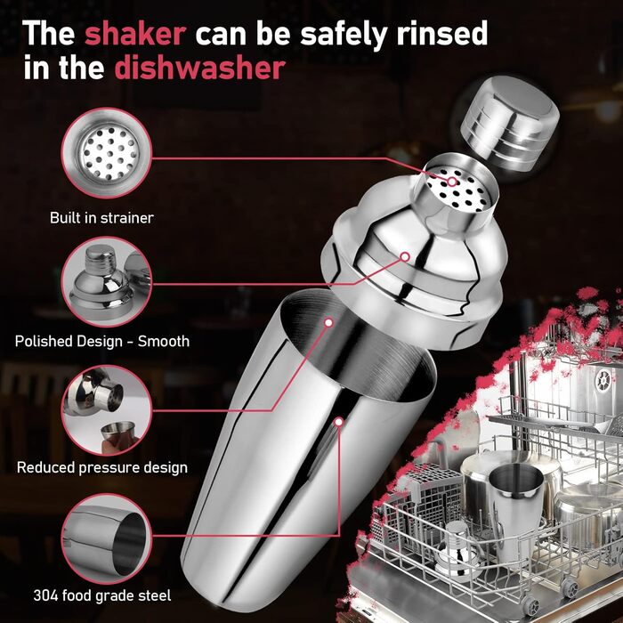 Набір шейкер для коктейлів 750 мл: професійний барменський набір з вбудованим ситом, мірний стаканчик та барна ложка. Ідеально для Мартіні, Маргарити та інших коктейлів (сріблястий)