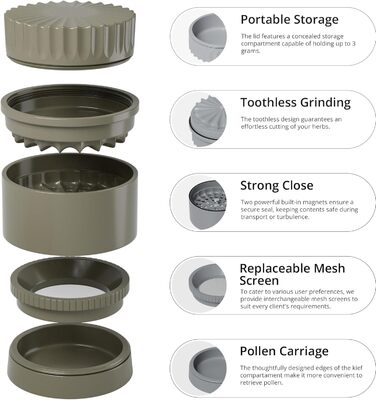 Toothless herb grinder Ø 63 mm | Nano-ceramic coated for non-stick grinding | 5-piece with integrated storage container in the lid (Mud)