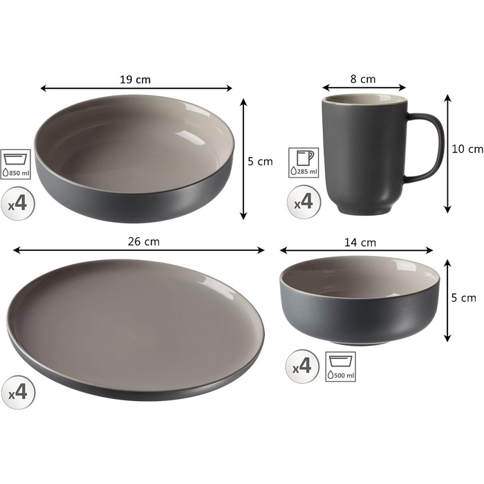 Набір посуду серії Jasper від Ritzenhoff & Breker | 16 предметів, сірий колір