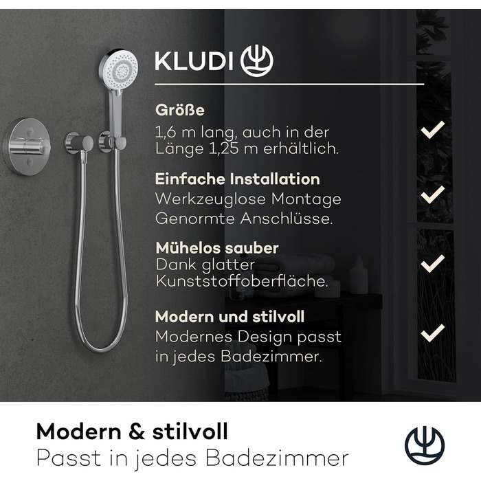 KLUDI-X1 Universal Shower Head with Hose, optional shower spray, water-saving with 3 spray patterns (Body, Hair, Skin), easy-to-clean shower head Ø 10.7 cm, shower hose 1.60 m
