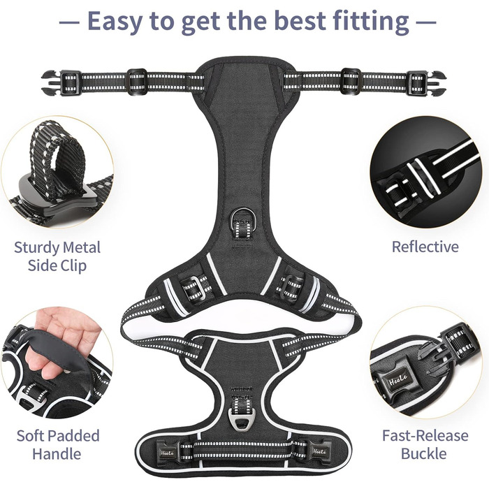 Шлейка для собак HEELE, No-Pull, для середніх собак, м'яка, дихаюча, регульована, світловідбиваюча, з м'яким ручним захопленням, чорна, розмір L
