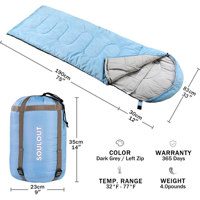 SOULOUT 3-4 Season Sleeping Bag - Waterproof Lightweight Sleeping Bag for Camping, Travel & Outdoor Activities - Ideal for Adults & Kids - 220 x 83 cm (Sky Blue / Left Zip)