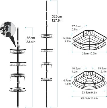 DUFU Shower Shelf Telescopic, No Drilling Required, with 4 Shower Basket, Corner, Non-Slip, Stable Bathroom Shelf Made of Metal, Height Adjustable 85-325cm, Telescopic Shelf, Black