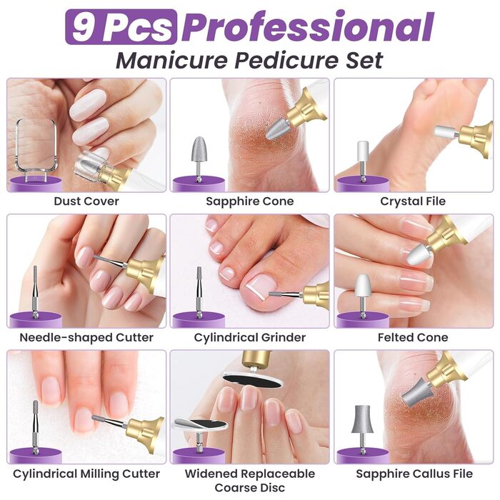 Електричний набір для манікюру та педикюру з 9 насадками та 15 рівнями швидкості, LED-підсвічуванням (W-Gold)