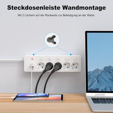 Мережевий адаптер 5-фазний з індивідуальним вимикачем, з 2 USB-A та 2 USB-C, мережевий розподільник 5-фазний з вимикачем, мережева стрічка настінна з 2м кабелем, PD 20W - Білий