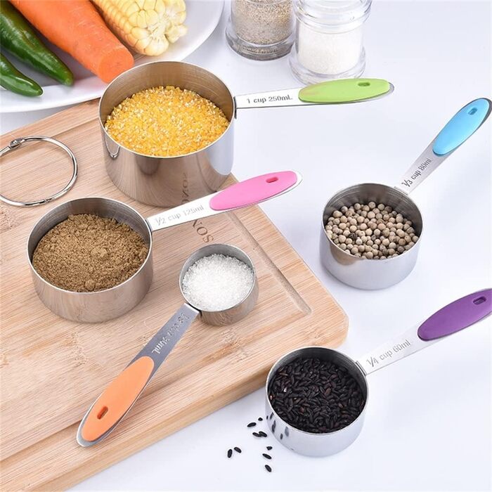 FBHappiness 10-Piece Stainless Steel Measuring Cups and Spoons Set, 5 Measuring Cups and 5 Measuring Spoons with Colored Silicone Handles (Color: A, Size A