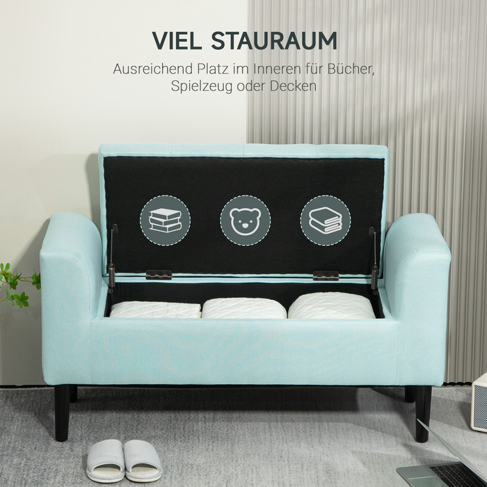 HOMCOM Bench with Cushion and Storage Space, Chest Bench, Entryway, Bedroom, Living Room, Linen-like Polyester, Rubber Wood, Green, 100 x 40 x 44 cm | Aosom