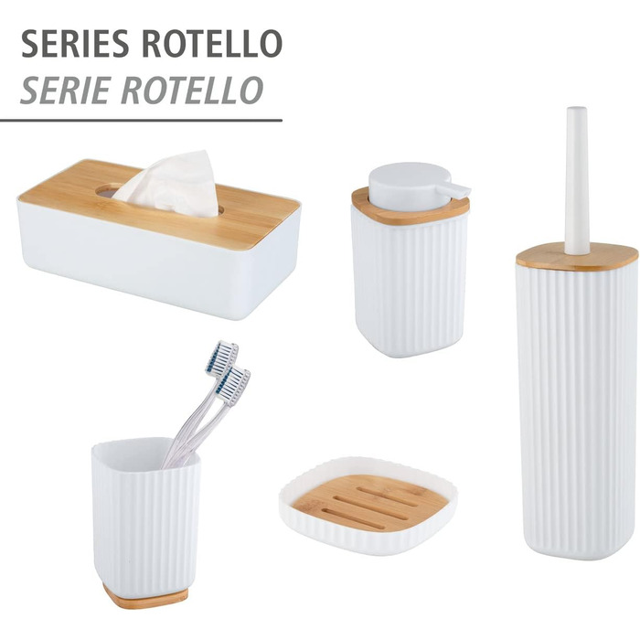 Набір для туалету WENKO Rotello: щітка та тримач з бамбуковим кришкою, білий/натуральний, Ø 10 x 36 см