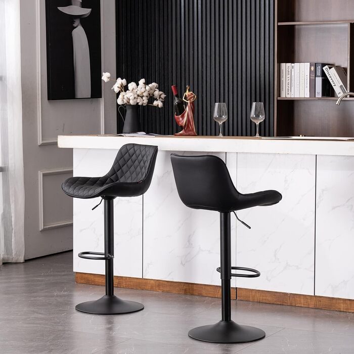 YOUTASTE Adjustable Bar Stools - Modern Design, Padded, Swivel, Faux Leather, Black - Set of 2