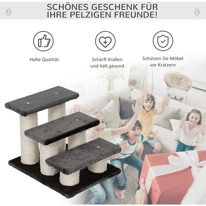 PawHut Pet Stairs 3-Step Cat Stairs Dog Stairs Stairs for Cats and Dogs Plush Dark Grey 45 x 35 x 34 cm