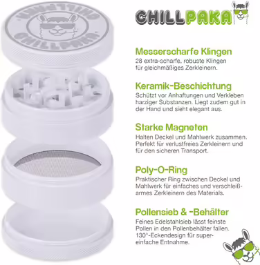 CHILLPAKA® Premium Ceramic Grinder Crusher | ø63mm Large White | Razor-sharp herb grinder with non-stick ceramic coating | Includes pollen scraper + brush