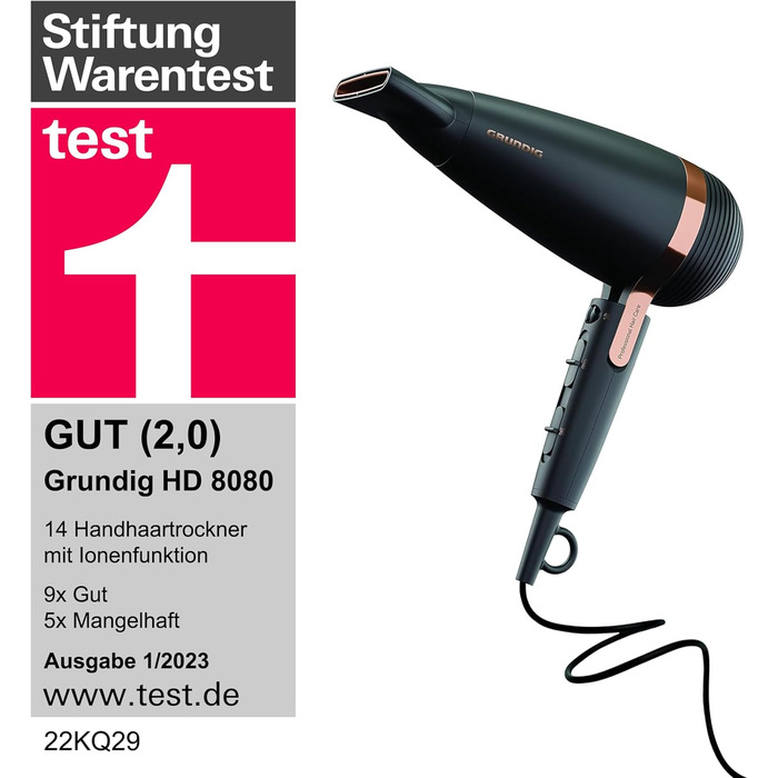 Фен GRUNDIG Naturashine HD 8080 з іонізацією, 2 насадки, 2300 Вт, 3 температурні та 2 режими повітряного потоку, холодна функція, датчик Smart On/Off, 3 м кабель, чорний / рожеве золото