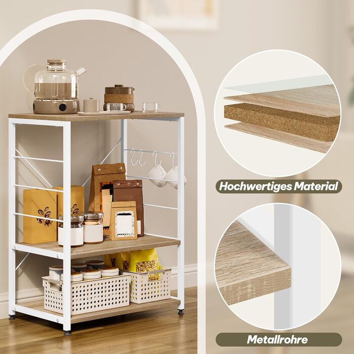 Kitchen Shelf, Microwave Shelf with 4 Hooks, Baking Shelf with 3 Tiers, Storage Shelf for Kitchen, Cafe, Living Room, Bathroom, 60 x 82 x 40 cm, Light Oak + White
