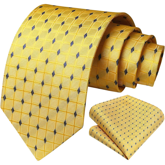 HISDERN Комплект краватки та нагрудного хустинки: жовтий, в клітинку, класичний | Елегантний аксесуар для весілля