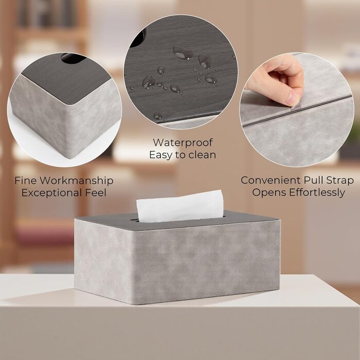 Скляниця для серветок з PU-шкіри, квадратна, сірого кольору з імітацією дерева, 25x14x10 см. Підходить для дому, ванної кімнати, вітальні, спальні, авто та офісу