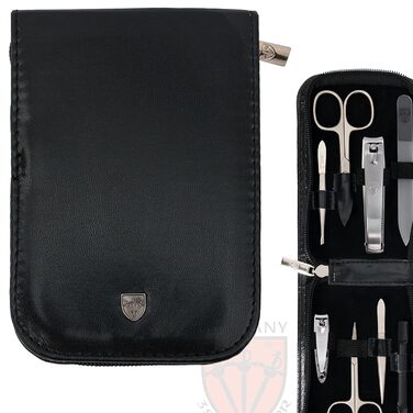 Набір для догляду за нігтями DREI SCHWERTER 'Novara' - 8 предметів. Чорний кейс з штучної шкіри. Містить: ножиці для нігтів, стекляна пилка, ножиці для кутикули, пінцет, кусачки для нігтів та інше. Чорний, матові інструменти