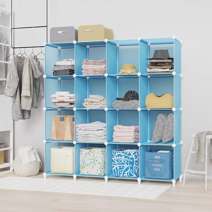 Wardrobe, Portable Shelving System, Plastic Closet with 2 Clothes Rods, Bedroom Wardrobe Closet White for Bedroom (Blue)