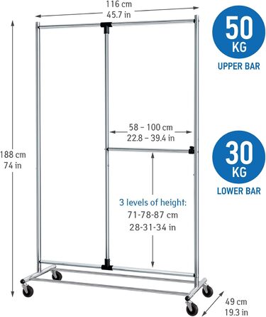 Tatkraft Drago Clothes Rack - Stable, with 2 Clothes Rails, up to 110 kg, Coat Rack, Adjustable, Clothes Rack on Wheels, Metal, (Silver)