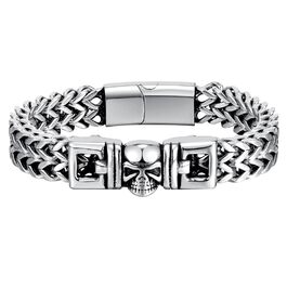 Чоловічий браслет-ланцюг JewelryWe в готичному стилі: срібний браслет з черепом для байкерів, сталевий ланцюг на руку