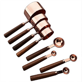 8-Piece Measuring Cup Set and Measuring Spoon Set with Scale, BRIIEC Wooden Handle, Stainless Steel, Dry and Liquid Measuring Cups for Cooking, Baking, Rose Gold
