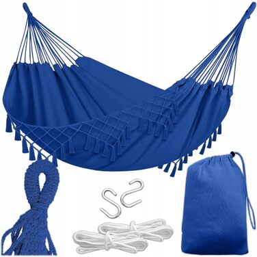 Гамак KRUMAD 260 см, до 250 кг, водостійкий, бавовна-поліестер, для саду, балкону, кемпінгу, з дерев'яними розпірками та сумкою (Синій, 150x200 см)