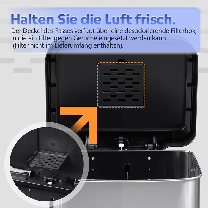 Відро для сміття WLIVE з нержавіючої сталі, 55L, з м'яким закриттям, для кухні, спальні, офісу, срібний