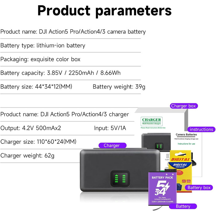 CITYORK Зарядний пристрій для DJI Osmo Action 3/4/5 Pro з 2250 mAh акумуляторами (2 шт.), Dual USB, LCD-дисплей