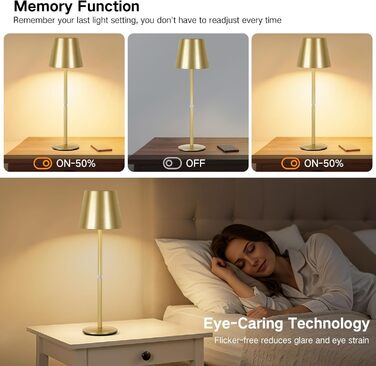 LED настільна лампа OUTON 2 шт. Бездротова, з регулюванням яскравості, 3 режими кольору, USB-C, IP54, 30 годин роботи, для дому та вулиці, чорний/золотий