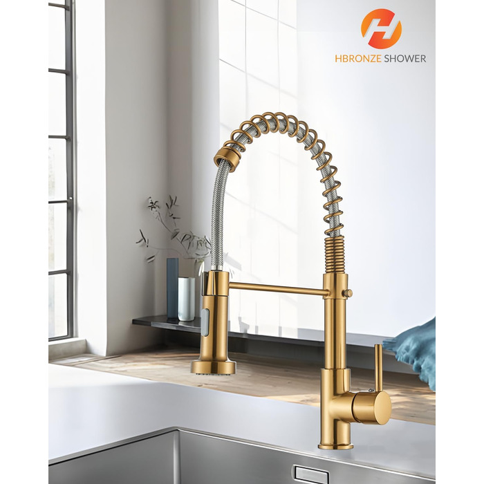 Кухляна змішувач Hbronzeshower з висувною лійкою, 360° обертання, нержавіюча сталь, з душем, для кухні
