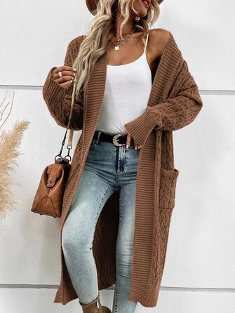 Жіночий в'язаний кардиган Saodimallsu Strickjacke: довгий, об'ємний, з кишенями, світло-зелений (колір: коричневий, розмір: S)