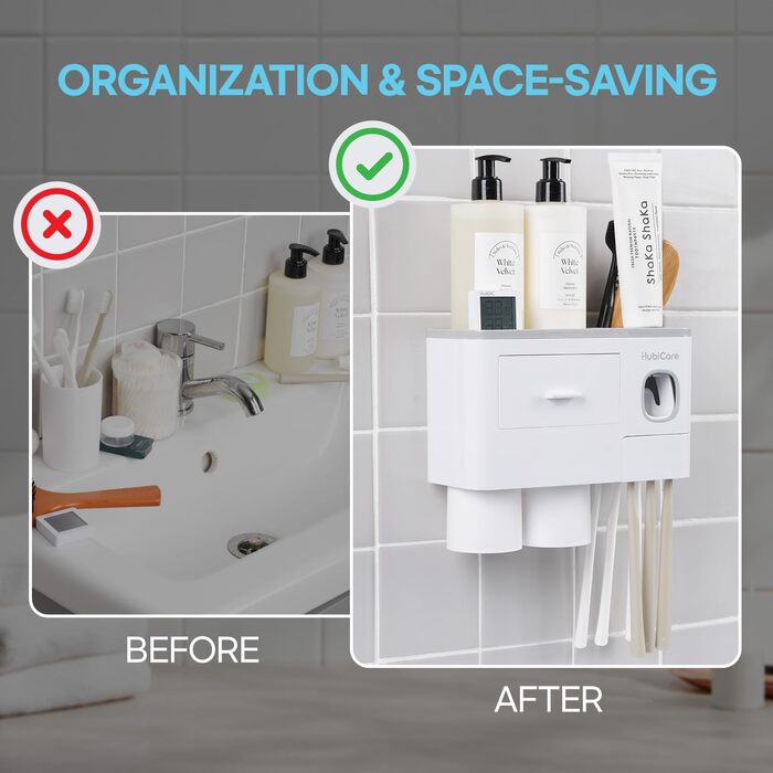 HubiCare Toothbrush Holder with Toothpaste Dispenser Wall Mount for Bathroom, Automatic Toothpaste Press, Bathroom Organization and Storage, 5 Toothbrush Slots (2 Cups)