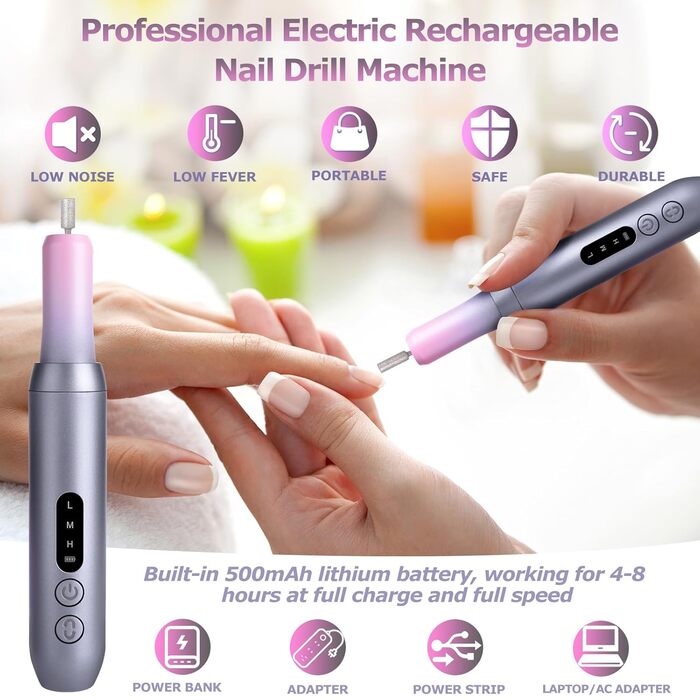Електричний набір для манікюру та педикюру Nagelfräser: набір для шліфування, полірування та видалення гель-лаку, USB, 30000 об/хв, 3 швидкості, LCD-дисплей, сірий та рожевий
