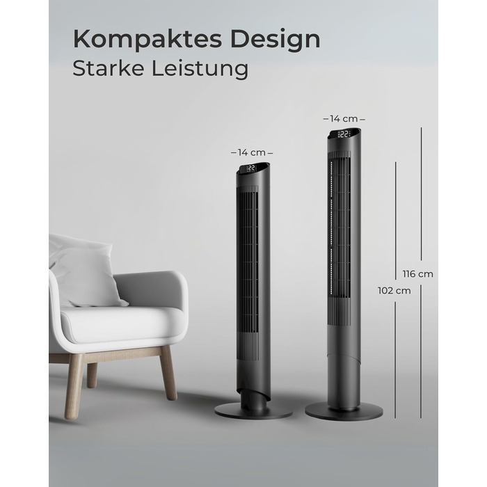 Турбовентилятор CF2401 з пультом керування та додатком: тихий підлоговий вентилятор з таймером та LED-підсвіткою, дитяча безпека, чорний, 102 см