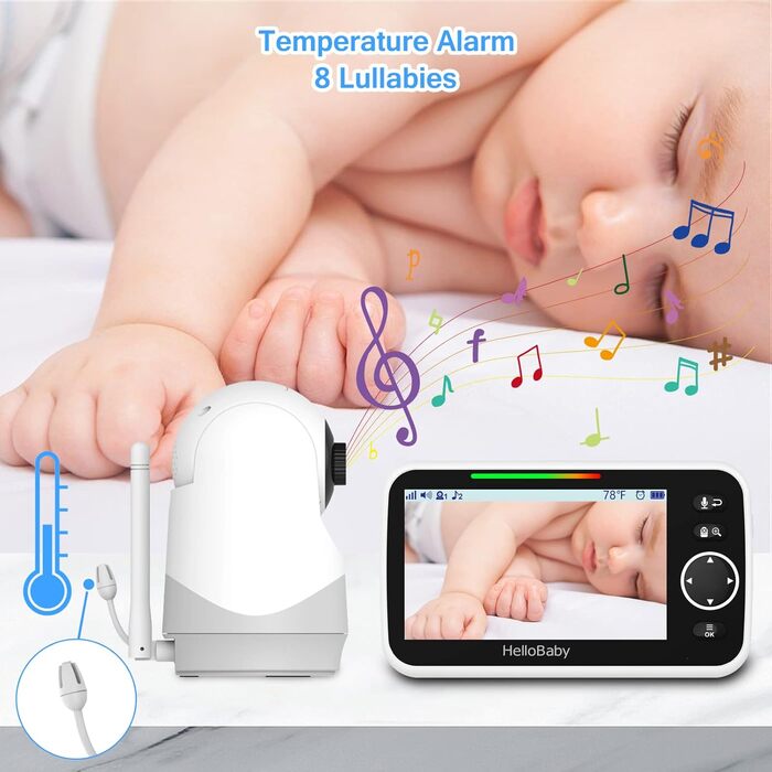 Відеоняня HelloBaby з камерою та аудіо, 5-дюймовий екран, акумулятор 3500 mAh, дистанційне керування, двосторонній зв'язок, ECO-режим, авто-нічне бачення, радіус дії до 292 м, HB6250