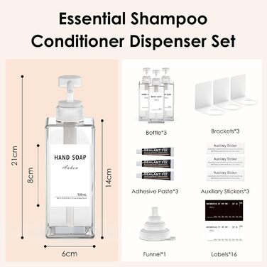 Дозатор мила Anhow 3er PETG для стін, набір з 3 шт. Без свердління, прозорий, 500 мл, з 16 водонепроникними етикетками для кухні/ванної кімнати