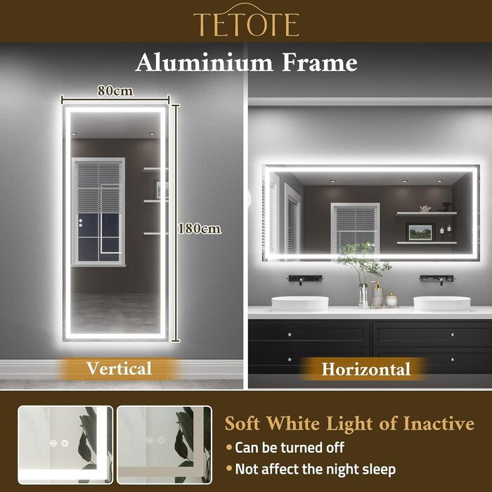 Дзеркало для ванної кімнати TETOTE з підсвічуванням 50x70 см, без рами, LED, сенсорне управління, 3 кольори, регулювання яскравості, функція пам'яті