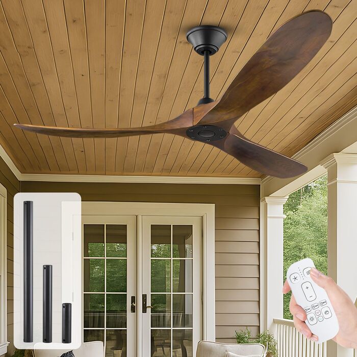 Дерев'яний стельовий вентилятор 152 см з дистанційним керуванням, 60 дюймів, 3 лопаті, DC-двигун, для дому та вулиці, таймер, коричневий