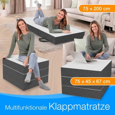 Складаний гостьовий матрац ELONEO Premium Visco 75x200 см, висота 15 см, ортопедичний, для подорожей, сірий/білий, знімний чохол, праний