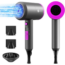 Slopehill 1800W Ionic Hair Dryer with AC Motor - Professional Salon Hair Dryer with 3 Attachments, 3 Temp Settings & Hot/Cold Shot (Violet/Grey)