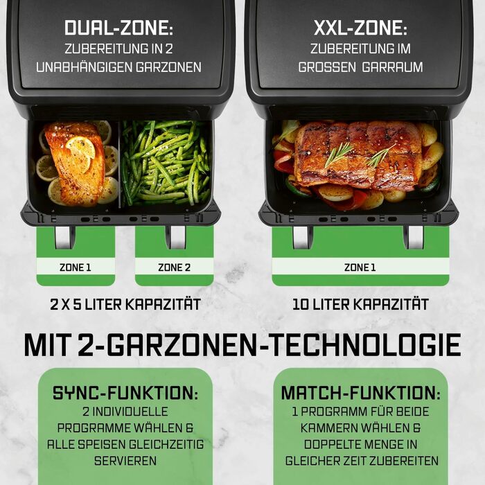 Фритюрниця готувальна повітрям Gourmetmaxx AirGenius 9 л (2 x 4,5 л) з 8 програмами | 2 камери для одночасного приготування | Сенсорний дисплей, для 8 осіб