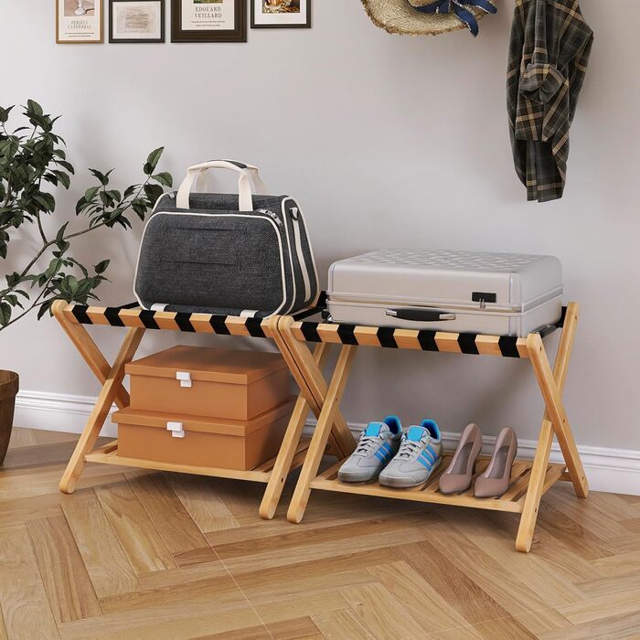 SMIBUY Luggage Rack, 2-Pack, Folding Bamboo Suitcase Stand with Shelf for Guest Room, Bedroom, Hotel, Heavy-Duty (Natural Colors)