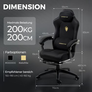 Ігровий крісло Dowinx з ергономічною підтримкою попереку, регульованою підголівником, посиленим сидінням, висувною підніжкою, регульованими підлокітниками, мікрофібровим велюром, нахилом 160°, чорне