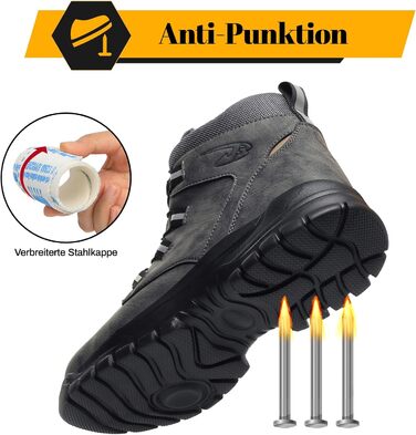 Черевики безпеки чоловічі/жіночі водонепроникні робочі черевики високі. Безпечні черевики з неслизькою підошвою, легкі черевики зі сталевим підноском та застібкою-обертом (43 EU, сірий)