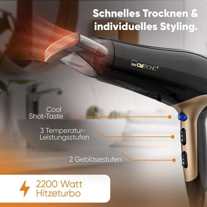 Фен Clatronic® HT 3661: 2200W, іонізація, 3 режими, насадка 360° | Фен з іонізатором, Cool Shot