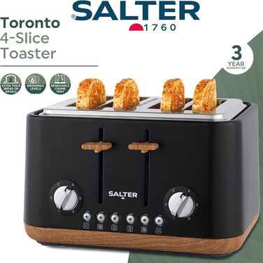 Тостер Salter Toronto 1.7L, 3kW, 360° обертання, фільтр від накипу, дерев'яний дизайн, бездротовий, захист від сухого кипіння, автовимкнення, контролер Otter, чорний
