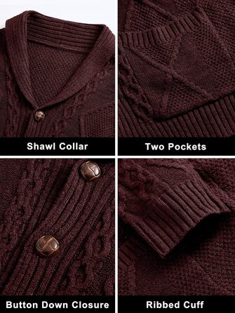 Чоловіча в'язана жилетка Comdecevis з коміром-шарфом, рельєфним в'язанням, ґудзиками, довгими рукавами, кишенями, темно-бордовий (3XL)