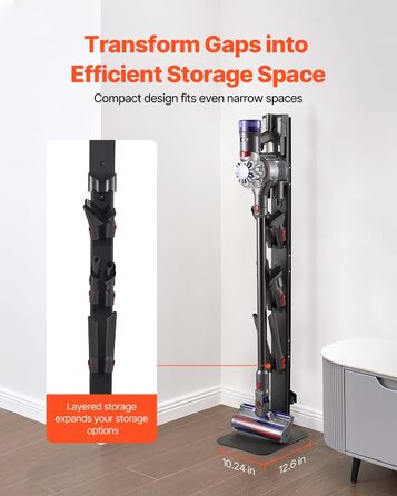 Підставка для пилососа VEVOR 126 см, сумісна з Dyson G5 V15 V12 V11 V10 V8 V7 V6, з аксесуарами, 6 гачків, неслизькі підкладки, срібна (чорна платформа)