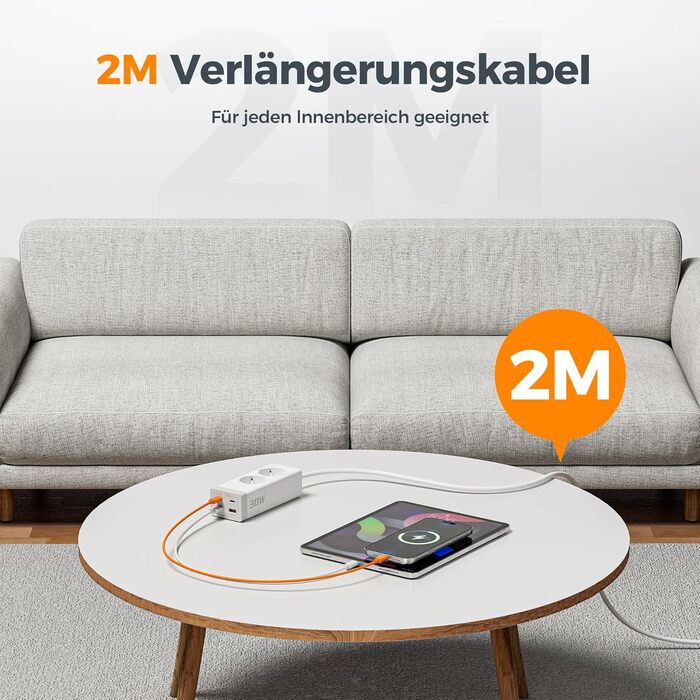 TESSAN Розподільник розеток USB-C 30W з GaN, 2 розетки, 2м кабель, захист від перенапруги 3600W, білий