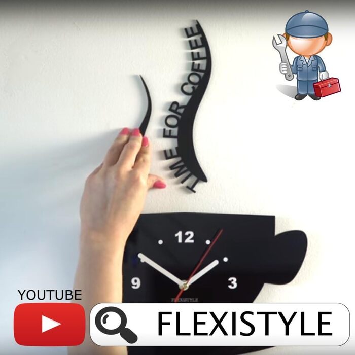 FLEXISTYLE Coffee Time Mug Clock, Modern Kitchen Wall Clock, Black, 3D Roman, Wall Clock Decor, 32 x 19 cm