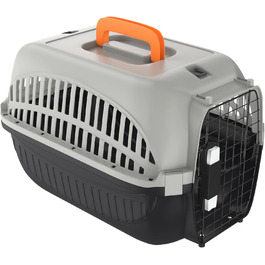 Транспортна переноска для собак та котів Aufun, 48x32x32 см, пластик з металевим ґратом, сіра та чорна